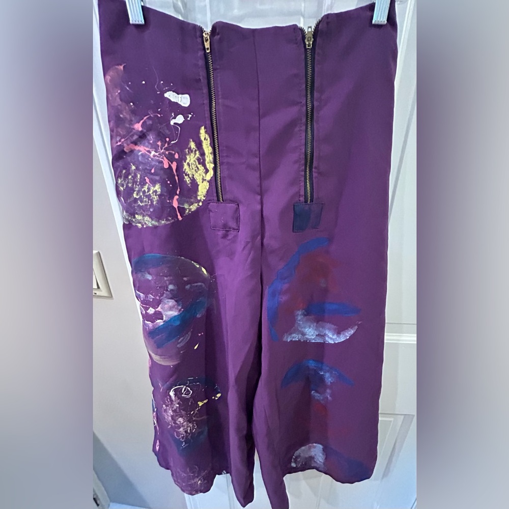 Artsy culottes purple w paint type design size 6 estimated (measurements in pics
